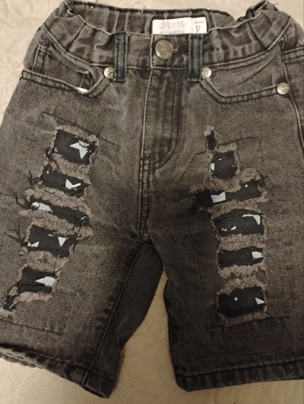 Tresics Black Washed Distressed Denim Shorts with Star Patch Insets